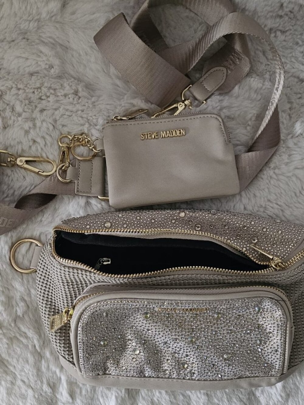 Steve Madden Rhinestone Crossbody Belt Bag Set - Taupe/Bone